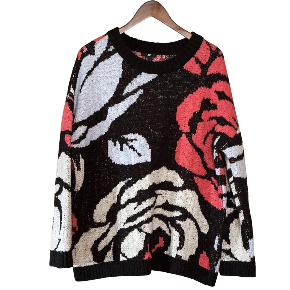 H&M Women Black Pink Rose Floral Knit Sweater Size M Sparkle Metallic Maximalist